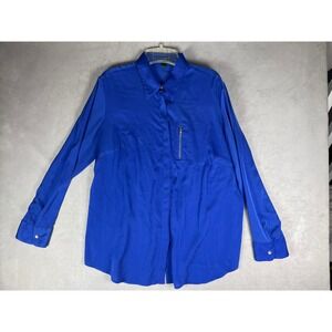 Lauren Ralph Lauren Royal Blue Silky Zip Pocket Button Down Shirt 1X‎ Plus Size